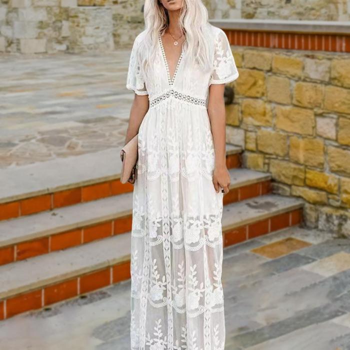 Boho Loose Embroidered White Lace Tunic Solid  Maxi Dress