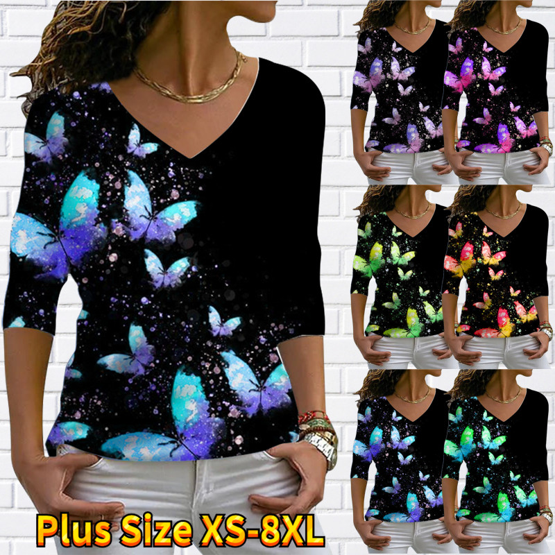 Women's  V-neck Butterfly Print Long Sleeve Loose Size T-shirt