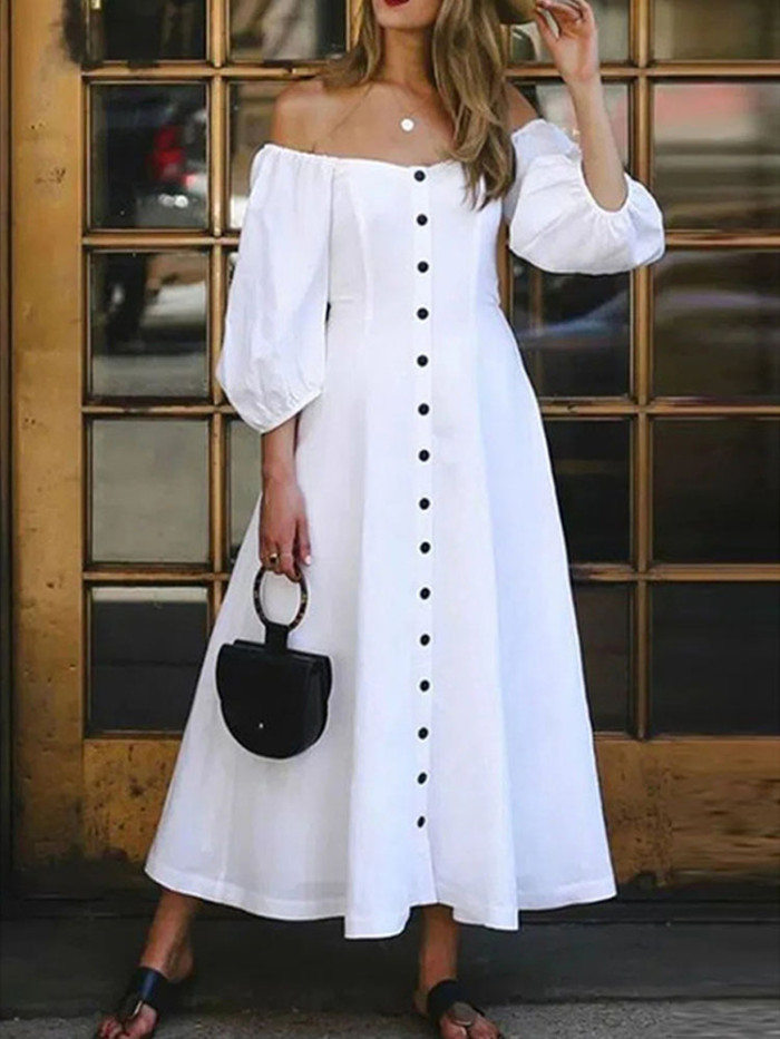 Sexy Puff Sleeve Solid Color Party Casual Loose  Elegant Off Shoulder  Maxi Dress