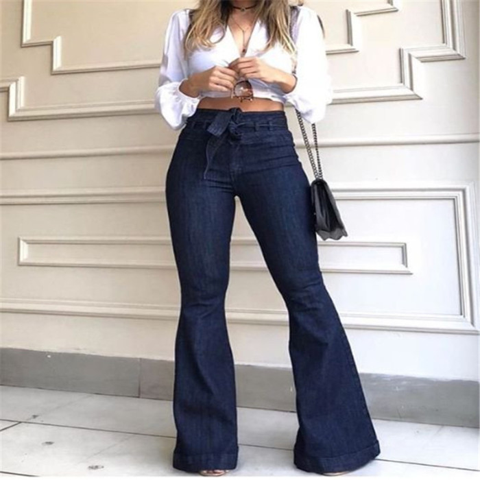 Women's High Waist Lace Casual Fashion Denim Flared Jeans