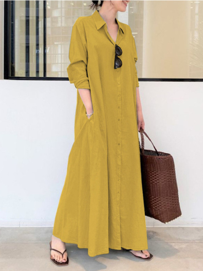 Fashion Pocket Shirt Chic Solid Color Long Sleeve A Line Cotton Casual Maxi Dress