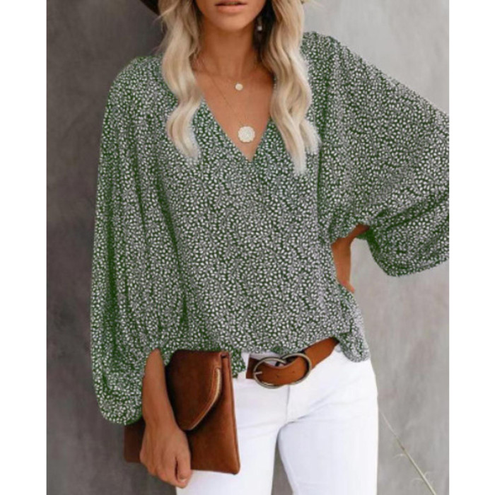 Fashion Floral Print V Neck Balloon Long Sleeves Casual Top Loose Blouses
