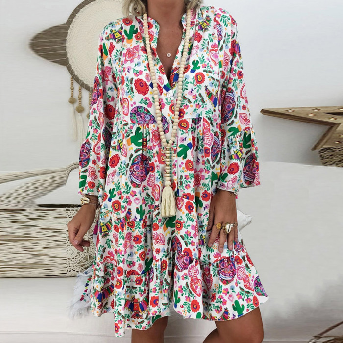 Trendy Bohemian Floral Loose Print Long Sleeve Mini Dress