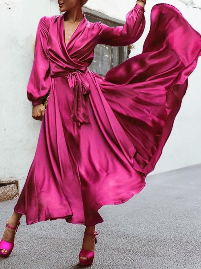 Elegant Fashion V Neck Lace Balloon Sleeves Solid Color Bohemian  Maxi Dress
