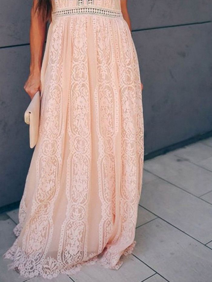 Lace Sexy V Neck Hollow Floral Yarn Party Bohemian Fashion Maxi Dress