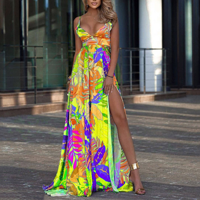 Fashion Elegant Sleeveless High Waist Leaf Print Sexy V Neck  Maxi Dress