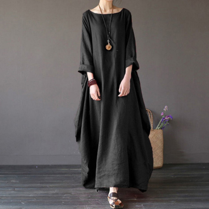 Retro Fashion Solid Color Long Sleeve Loose Cotton Linen Casual Maxi Dress