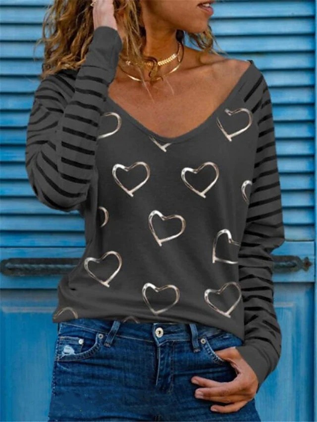 Women's V-neck New Fashion Print Long-sleeved Casual Loose T-shirt