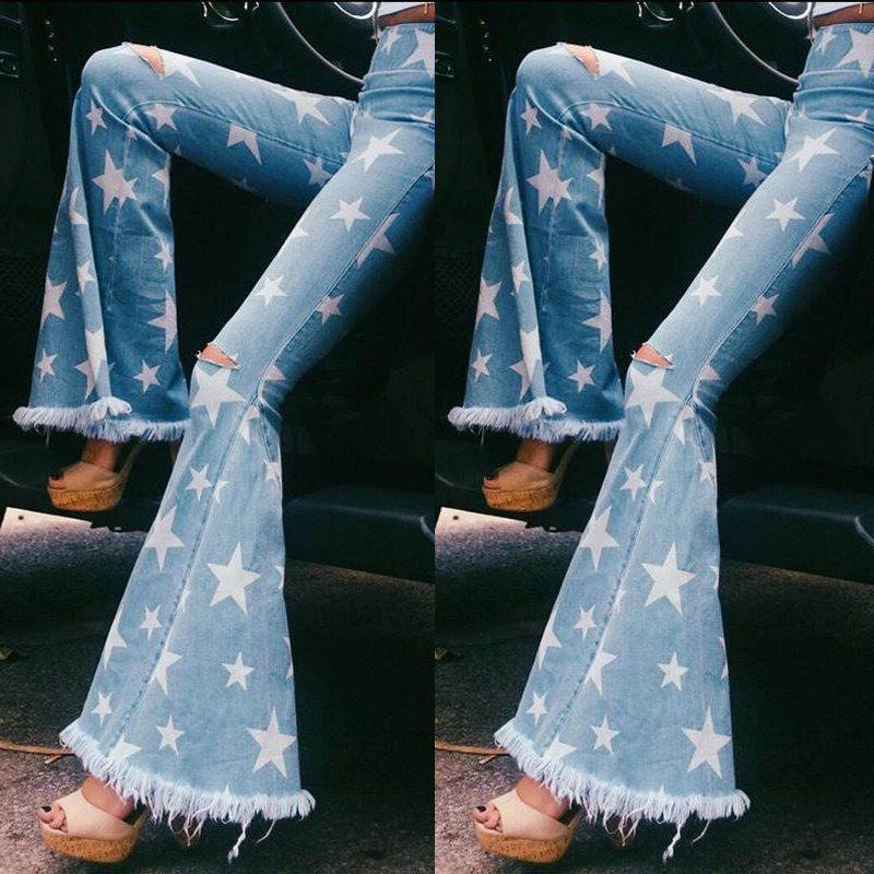 Woman Fashion Skinny Star Shape Printed with Tassel Stretchy Sexy High Jeans