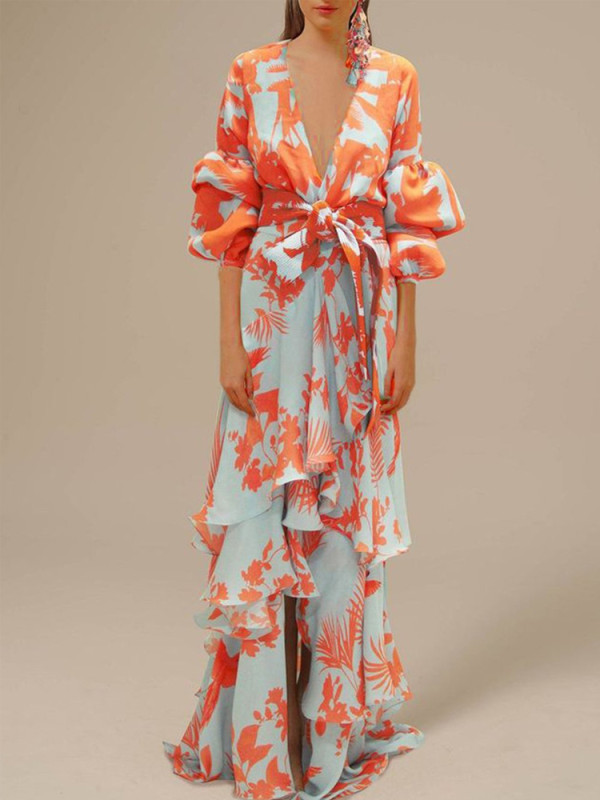 Sexy Deep V Neck Irregular Ruffle Bohemian Party Fashion  Maxi Dress