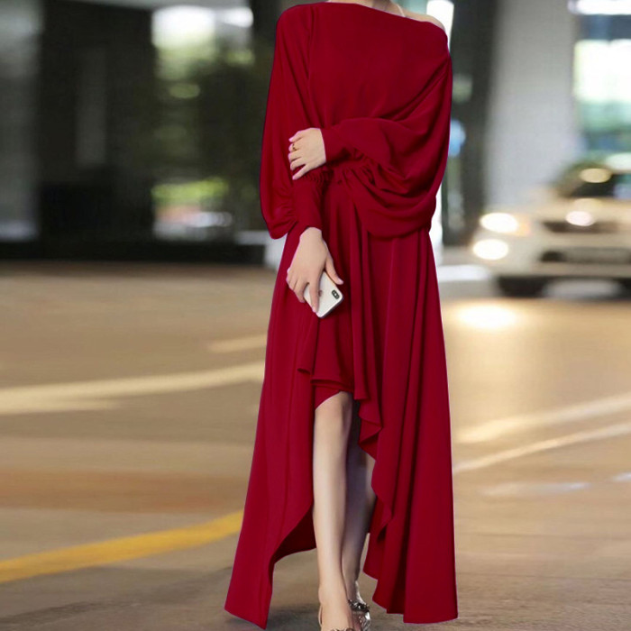 Elegant Slit Casual O-Neck Lantern Long Sleeve Fashion Loose Irregular Dresses