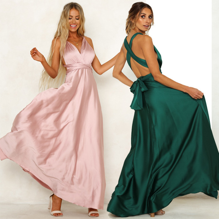 Satin Fashion Party Sexy Backless Solid Color  Maxi Dress