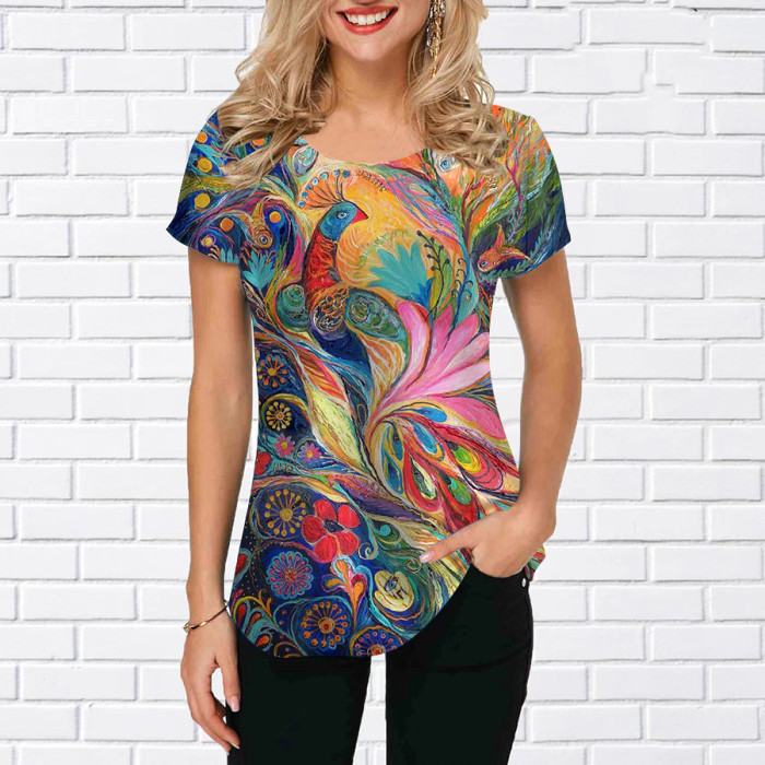 T-Shirt Abstract Print Short Sleeve O Neck Casual Fashion Top