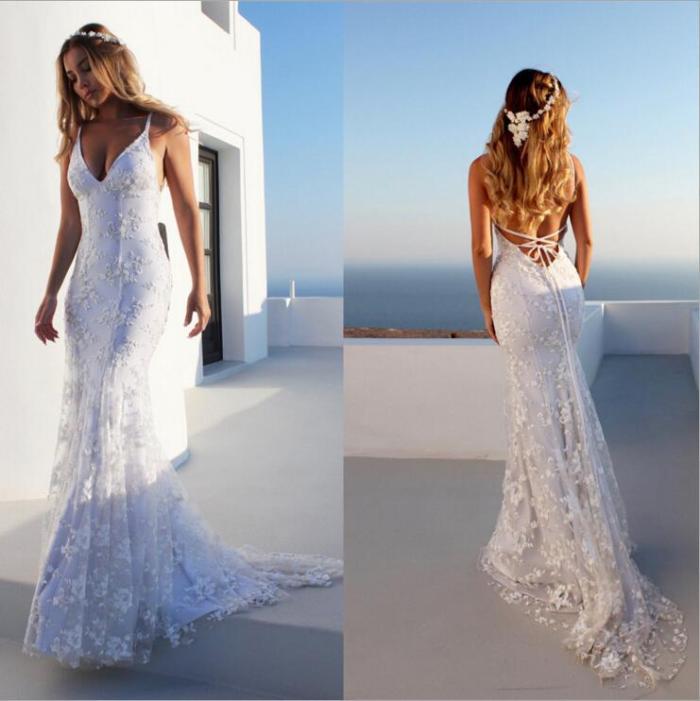 Women White Party Sexy V-Neck  Floor-Length Lace England Style  Wedding Prom Dress