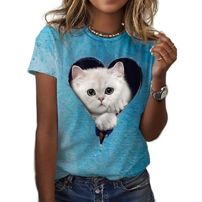 Fashion Ladies 3D Cat Print Top Harajuku O Neck Short Sleeve T-Shirt