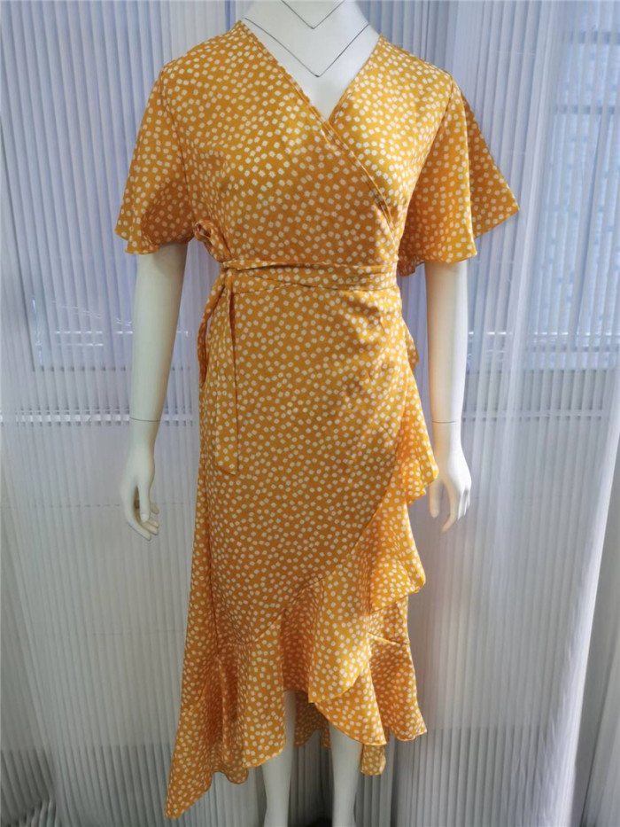 Trendy Polka Dot Print Boho Elegant V Neck Ruffled Ruffles Midi Dress