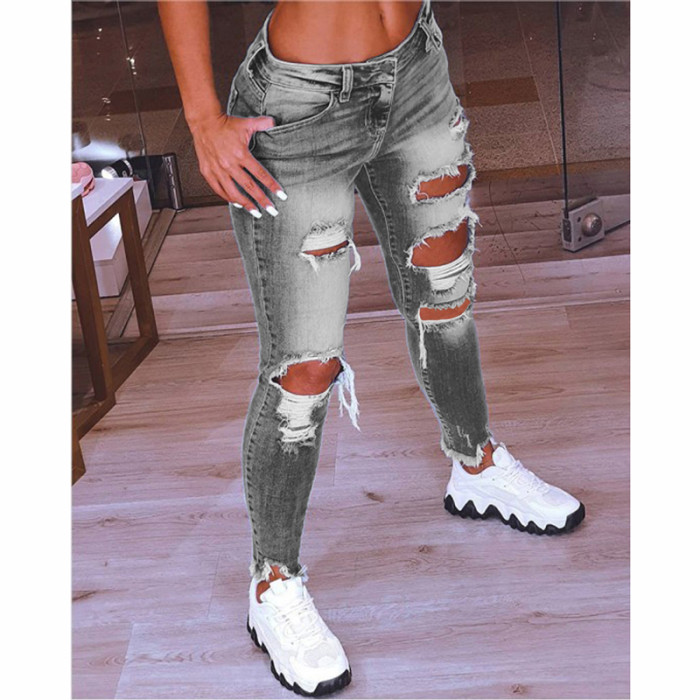 Low Rise Ripped Fashion Slim Fit Butt Lift Stretch Ankle Jeans
