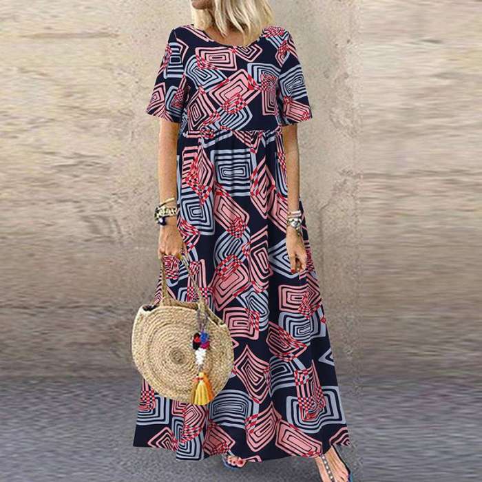 Fashion Print Casual Short Sleeve High Waist Maxi Dress