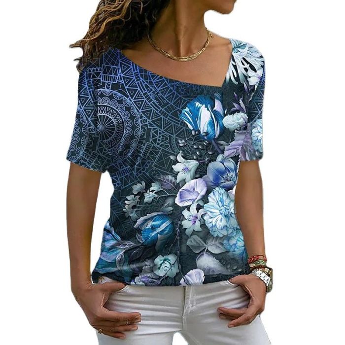 Women's Fashion Floral Print V Neck Casual Harajuku T-Shirt