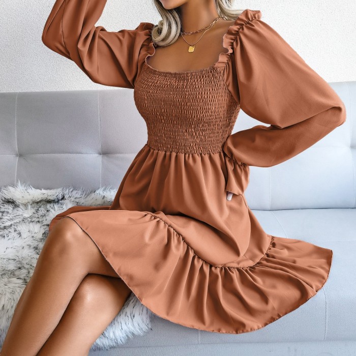 Trendy Long Sleeve Square Neck Solid Ruffle Bohemian Mini Dress