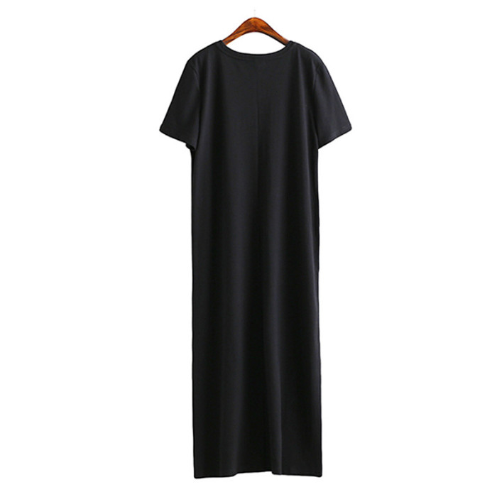 Black Loose O-Neck Short Sleeve High Split Casual Dress
