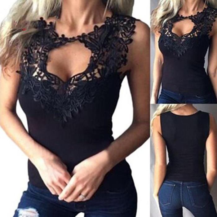 Sexy Solid Color Hollow Lace Sleeveless Bodysuit Chic Retro Solid Color Blouses & Shirts