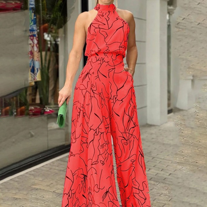 Sexy Halter Neck Sleeveless Print High Street Fashion Wide Leg Jumpsuit