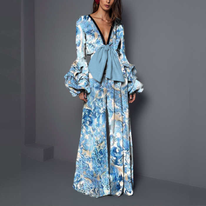 Fashion Long Sleeve Floral Print Loose Strap Casual V Neck Jumpsuits
