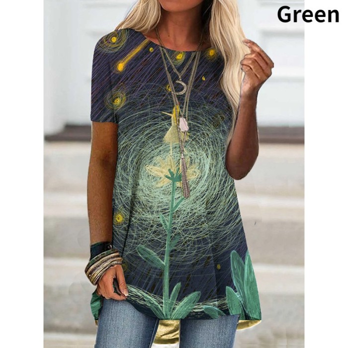 Fashion Casual Floral Printed Short Sleeve Loose O-neck T-Shirts
