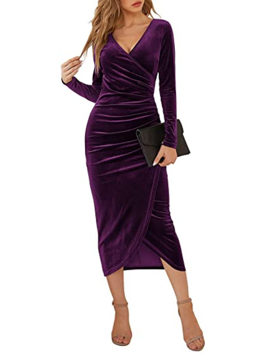 Velvet Bodycon for Long Sleeve Slim Party Midi Dress