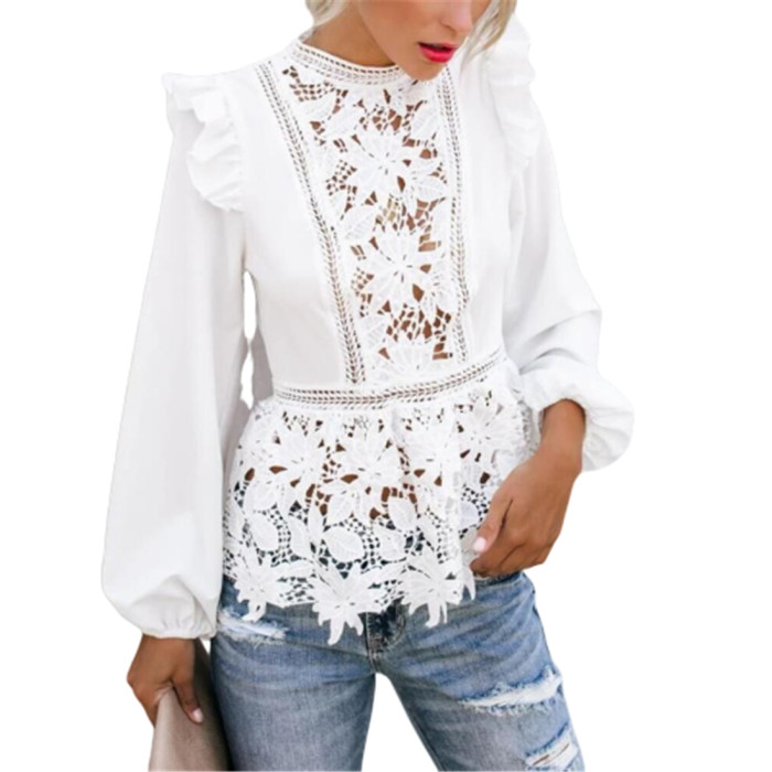 Trendy Floral Lace Boho Long Sleeve Ruffle Cutout  Blouses & Shirts