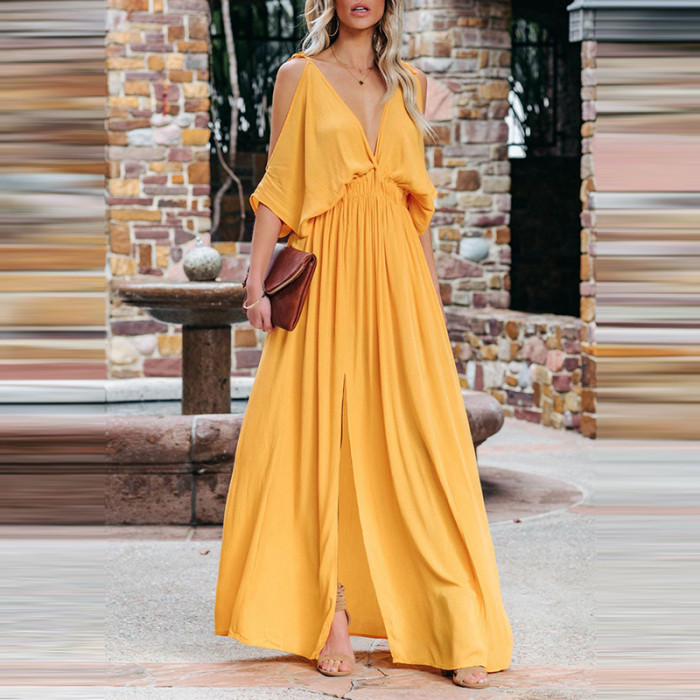 Sexy V Neck Off Shoulder Sleeve Elegant Solid Color Slit Casual Backless Party Maxi Dress