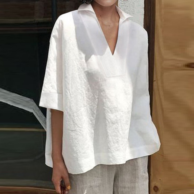 Women Casual Short Sleeve V-neck Elegant Cotton and Linen Loose Blouse