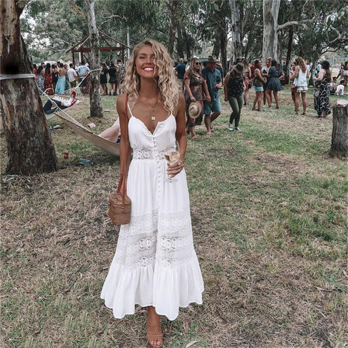 Fashion Lace Hollow Loose Casual Sexy Party Maxi Dress