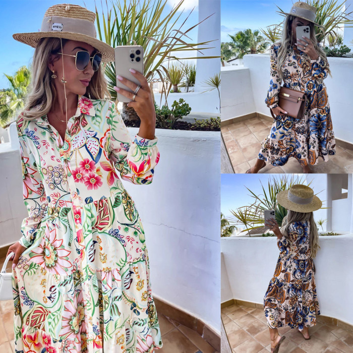 Long Sleeve Floral Print Loose Party Blouse Dresses