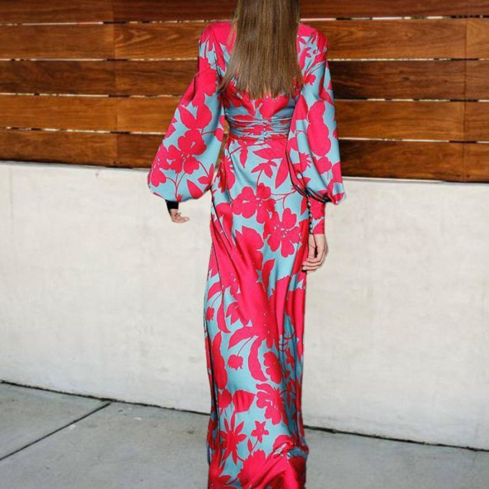 Fashionable V-Neck Printed Balloon Sleeve High Waist  Maxi Dress