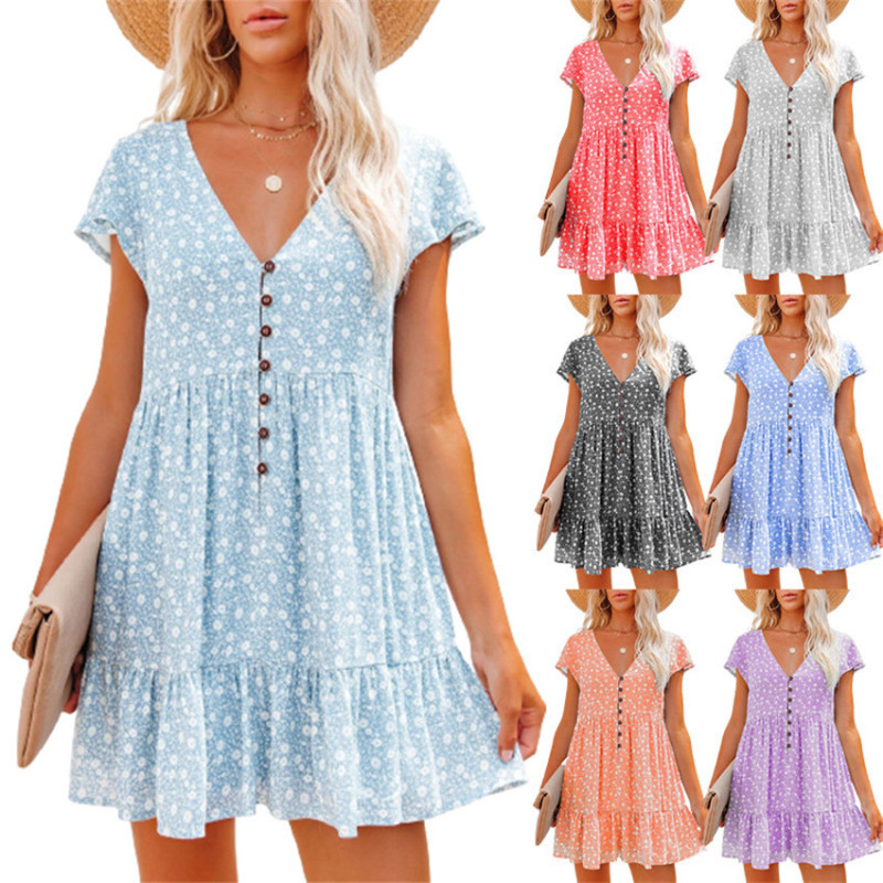 Women Loose Vintage Ruffles Button Lace Short Sleeve Boho Casual Mini Dresses
