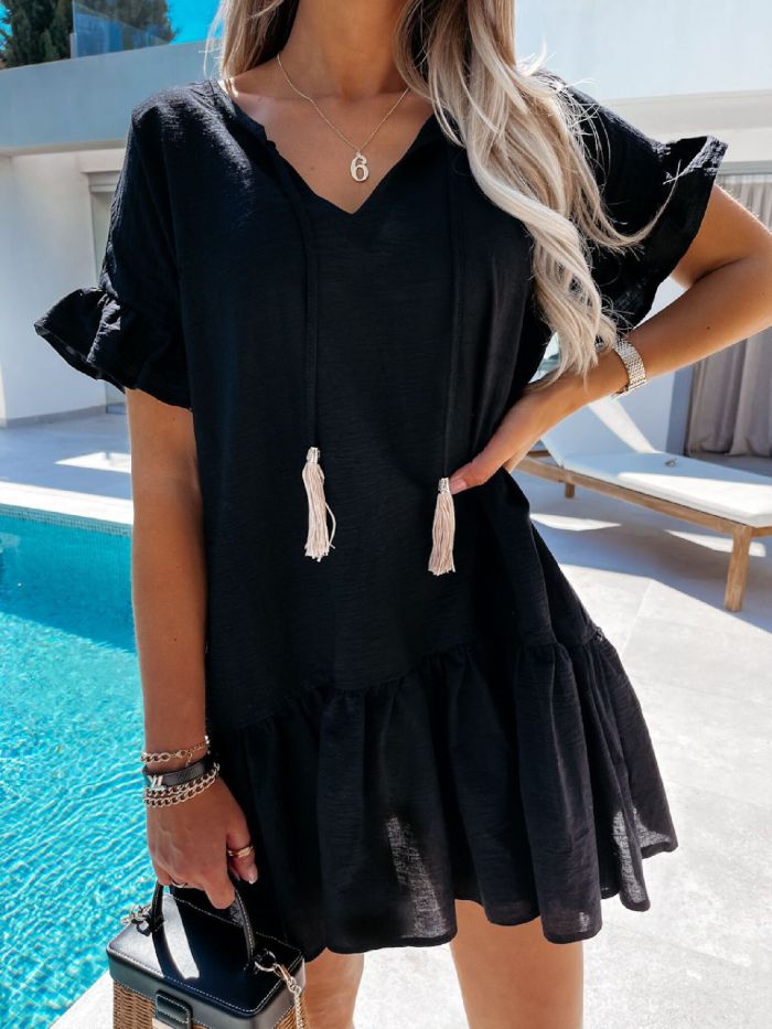 Women V Neck Tassel Ruffle Loose  Party Mini Dress