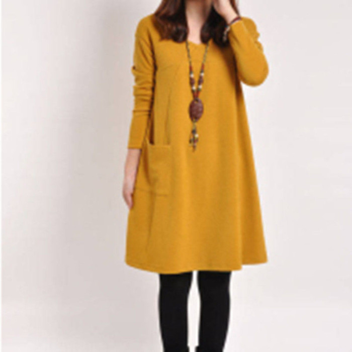 Winter Long Sleeve Pocket Solid Color O Neck Loose Party Casual Dress