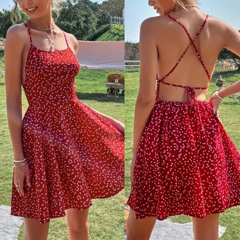 Polka Dot Print Tie Backless Print Bohemian High Waisted Sling Sexy Mini Dress