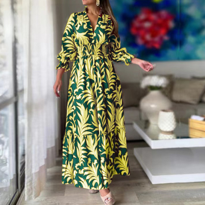 Bohemian Print Fashion Long Sleeve Print V Neck Retro Maxi Dress