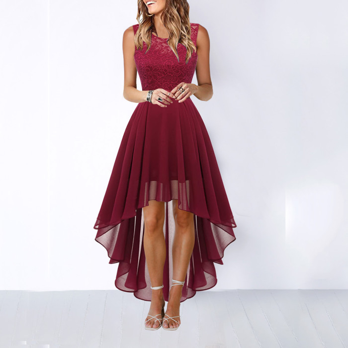 Fashionable Lace Solid Color Ruffled Ball Evening  Midi Dress