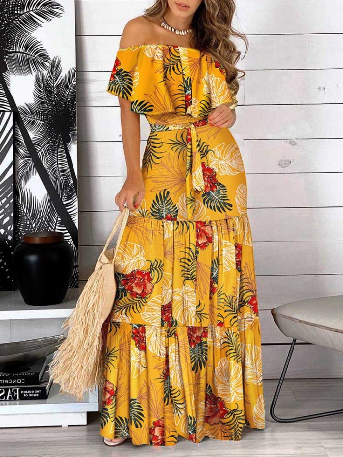 Ruffle Boho Slash Neck Strapless Floral Print Loose Dress