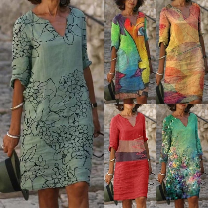 Fashion Women Casual Printing V-Neck Half Sleeve Vintage Loose Dress