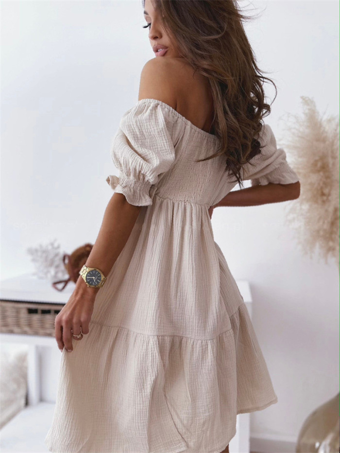 Sexy Slant Neck Pleated Puff Sleeves Backless Party Elegant Solid Color  Mini Dress