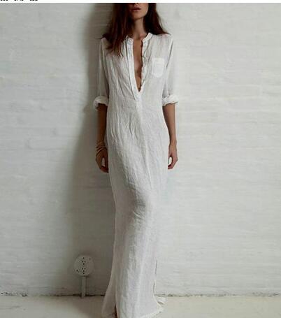 Sexy Casual Long Sleeve Deep V Neck Linen Maxi Dress
