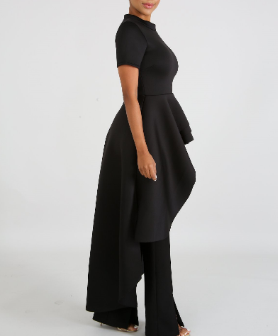 Fashion Irregular Short Sleeve Black Ruffle Zipper High Waist Elegant Party Midi Dress