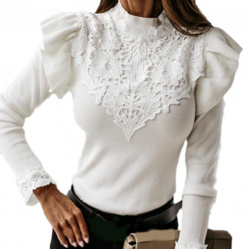 Women's Fashion Long Sleeve Ruffle Lace Panel  Blouses & Shirts