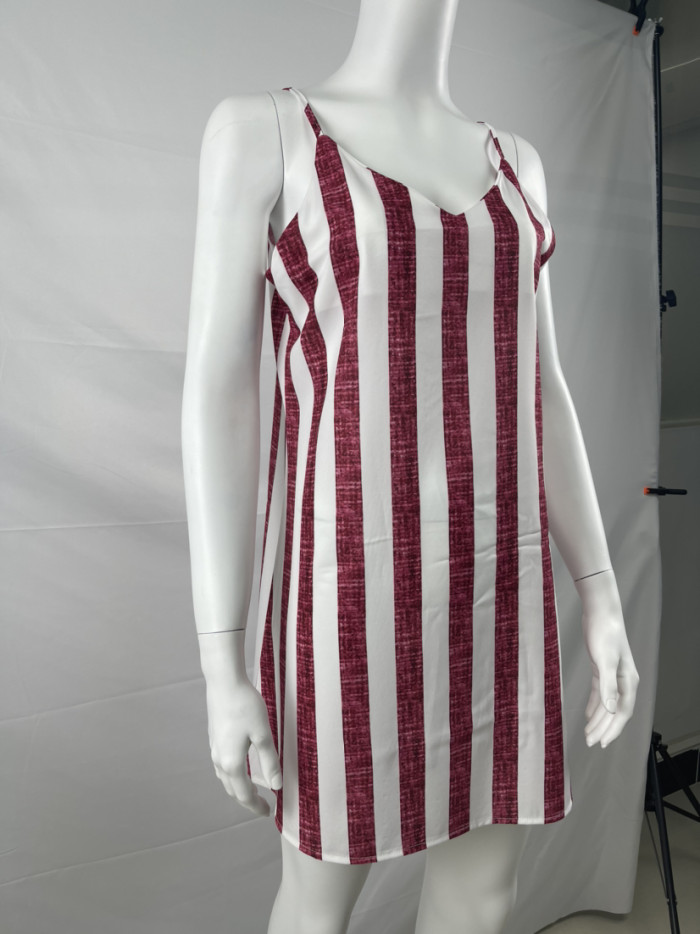 Women Loose Twill Striped Printed Slip Mini Dress