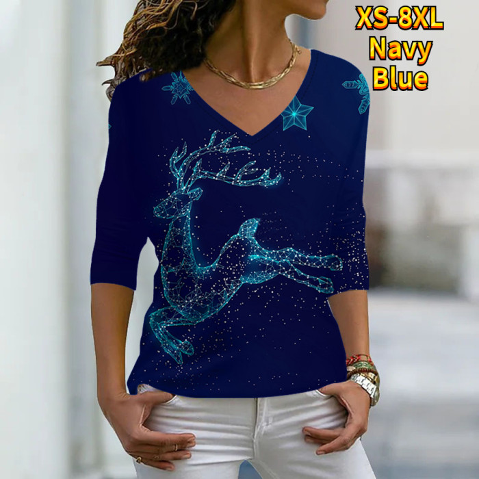 Long Sleeve Fashion Ladies Christmas Elk Animal V Neck T-Shirt